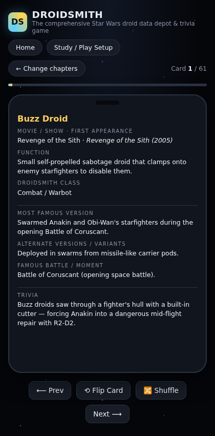 Flashcard back with droid details